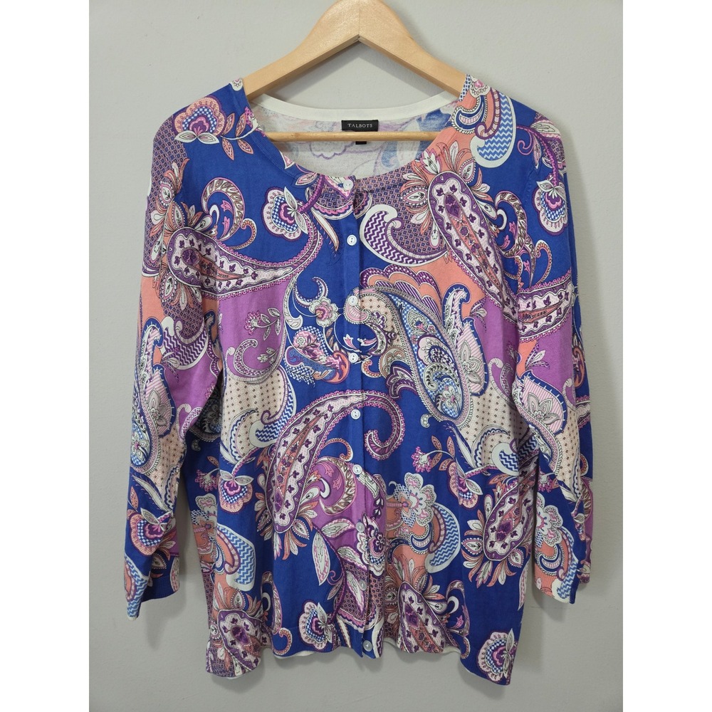 Talbots Womens XL Blue Paisley Cotton Rayon Button Front Cardigan Sweater